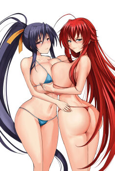 >:) 10s 2girls ahoge ass bare_arms bare_shoulders bikini black_hair blue_bikini blue_eyes blue_hair blush breast_press breasts brown_eyes cleavage closed_mouth commission covered_erect_nipples cowboy_shot curvy female_focus grabbing_another's_breast groping hair_between_eyes hair_ribbon halterneck high_school_dxd highres himejima_akeno huge_breasts long_hair looking_at_viewer metalbolic micro_bikini multiple_girls navel ponytail purple_eyes red_bikini red_hair rias_gremory ribbon sidelocks simple_background skindentation smile standing stomach swimsuit symmetrical_docking thong thong_bikini v-shaped_eyebrows very_long_hair white_background yellow_ribbon