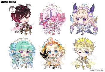 Rule 34 | 2boys, 4girls, :d, ;), ahoge, anemone (flower), animal ears, animal print, ankle garter, apron, aqua gemstone, arm at side, asymmetrical wings, back bow, bare shoulders, beckoning, bell, belt, belt buckle, belt pouch, berry, black belt, black boots, black cat, black choker, black hair, blonde hair, blue dress, blue eyes, blue flower, blue hair, blue wings, boots, bow, bow legwear, bowtie, braid, buckle, butterfly print, cane, cape, cat, center-flap bangs, chibi, chibi only, choker, closed mouth, clothing cutout, collarbone, collared shirt, colored tips, commentary, copyright notice, corset, crescent print, cross-laced clothes, cross-laced sleeves, cross-laced top, crown, detached collar, detached leggings, detached sleeves, double bun, dress, dress flower, english commentary, enna alouette, fairy, fairy wings, fanged bangs, feathered wings, finana ryugu, fins, fish, fishnet gloves, fishnet top, fishnets, floating, floating object, floral dress, flower, flower eyepatch, flower ornament, food, frilled dress, frilled shirt, frilled sleeves, frills, fringe-trimmed cape, fringe trim, fruit, full body, fur-trimmed cape, fur trim, garter straps, gem, gloves, gold belt, gold trim, gradient clothes, gradient dress, gradient hair, green hair, green scales, hair between eyes, hair bow, hair bun, hair flower, hair intakes, hair ornament, hand on own chest, hand up, head fins, head wings, headdress, heart, heart ahoge, high-low dress, high heels, holding, holding cane, holding staff, holding stuffed toy, jewelry, jingle bell, kemonomimi mode, knee boots, lace-up boots, layered dress, leaf, leaf print, leggings, legwear garter, lineup, long hair, long sleeves, looking at viewer, low twin braids, low wings, lucie (millie parfait), maid headdress, maria marionette, marippet (maria marionette), mechanical wings, millie parfait, multicolored hair, multiple boys, multiple girls, multiple wings, neck bell, neck flower, necklace, nightcat, nijisanji, nijisanji en, object floating above hand, official art, one eye closed, one eye covered, open mouth, orange dress, orange gemstone, orange wings, outstretched arm, pants, pink bow, pink bowtie, pink dress, pink eyes, pink flower, pink hair, pink rose, pink shoes, pink thighhighs, pink wings, pointy ears, pouch, puffy long sleeves, puffy sleeves, pumps, purple bow, purple bowtie, purple dress, purple eyes, purple flower, purple hair, purple shoes, purple wings, red cape, red corset, red eyes, red flower, red gemstone, red hair, ribbon, ringlets, rose, sample watermark, shirt, shoes, short dress, short hair, short twintails, shoulder cutout, side cape, sidelocks, simple background, single-shoulder dress, single bare shoulder, single detached sleeve, sir ventrilo (maria marionette), smile, sonny brisko, spats (footwear), staff, standing, star (symbol), star hair ornament, streaked hair, striped clothes, striped thighhighs, stuffed animal, stuffed rabbit, stuffed toy, sun necklace, sun symbol, sunflower, swept bangs, tail, tassel, thigh strap, thighhighs, three-quarter sleeves, tiger boy, tiger ears, tiger tail, twin braids, twintails, v-neck, ver vermillion, vertical-striped clothes, vertical-striped thighhighs, very long hair, virtual youtuber, watermark, waving, wavy hair, white apron, white background, white boots, white cape, white corset, white dress, white gloves, white hair, white leggings, white pants, white shirt, white shoes, white thighhighs, wings, wrist cuffs, wrist flower, yellow corset, yellow dress, yellow flower, yellow ribbon, yellow wings