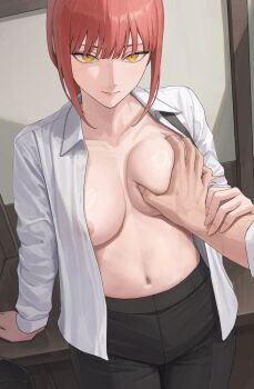 1girl 1other ano_(gccx8784) black_pants breasts chainsaw_man collared_shirt commentary_request grabbing_another's_breast groping guided_breast_grab guiding_hand highres indoors large_breasts looking_at_viewer makima_(chainsaw_man) navel no_bra one_breast_out open_clothes open_shirt pants pov pov_hands red_hair shirt short_hair stomach white_shirt yellow_eyes