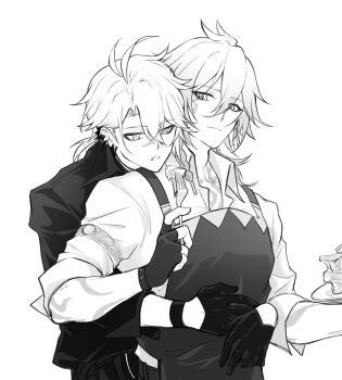 2boys absurdres antenna_hair apron arm_tattoo black_apron black_gloves black_shirt braid chest_tattoo collared_shirt facial_tattoo fingerless_gloves fork gloves greyscale half_gloves hashtag-only_commentary highres holding holding_fork honkai:_star_rail honkai_(series) hug hug_from_behind kylesaroyan2 male_focus medium_hair monochrome multiple_boys mydei_(delicacies)_(honkai:_star_rail) mydei_(honkai:_star_rail) official_alternate_costume parted_bangs phainon_(fashion)_(honkai:_star_rail) phainon_(honkai:_star_rail) ponytail shirt short_hair side_braid simple_background sleeves_rolled_up tattoo white_background white_shirt yaoi