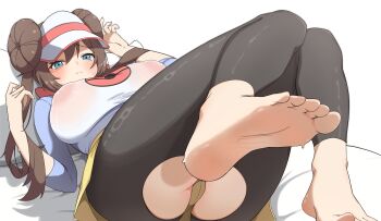 1girl absurdres alternate_legwear ass barefoot bed_sheet black_leggings blue_eyes braid breasts breasts_apart brown_hair closed_mouth commentary_request hair_between_eyes highres large_breasts leggings long_hair long_sleeves lying nintendo on_back on_bed pillow pokemon pokemon_bw2 raglan_sleeves rosa_(pokemon) see-through_clothes see-through_shirt shirt shorts sidelocks simple_background soles solo tagme thighs toes torn_clothes torn_leggings twin_braids twintails user_ngaf5324 visor_cap white_background white_shirt yellow_shorts