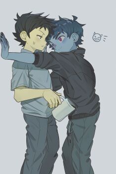 2boys absurdres annoyed black_hair black_hoodie blue_pants blue_shirt chinese_commentary colored_skin commentary commentary_request cup dark_persona denim english_commentary grey_background grey_hair grey_skin hand_on_another&#039;s_face highres holding holding_cup hood hood_down hoodie jeans jitome kabedon male_focus mixed-language_commentary mug multiple_boys nega_scott pants possessed red_eyes scott_pilgrim scott_pilgrim_(comics) scott_pilgrim_(series) shirt short_hair simple_background standing sweatpants unamused wallace_wells xxyang4747 yaoi