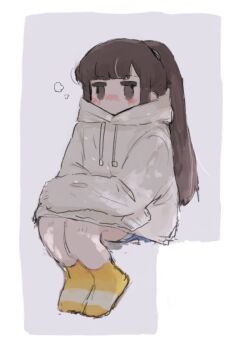 Rule 34 | 1girl, blue skirt, blunt bangs, blush, border, breath, brown eyes, brown hair, cold, commentary request, covering own face, crossed arms, curled up, drawstring, grey background, hood, hoodie, long hair, long sleeves, naka (buttergirl 02), nose blush, original, partial commentary, sidelighting, simple background, skirt, sleeves past fingers, sleeves past wrists, socks, solo, striped clothes, striped socks, white border, white hoodie, white socks, yellow socks