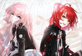 2girls :d arknights artist_name back-to-back black_jacket blush chromatic_aberration closed_mouth commentary corrupted_twitter_file english_commentary exusiai_(arknights) exusiai_the_new_covenant_(arknights) highres jacket kalimo_10 lemuen_(arknights) light_particles long_hair long_sleeves looking_at_viewer multiple_girls open_mouth pink_eyes pink_hair red_hair short_hair smile sparkle upper_body watermark yellow_eyes zipper