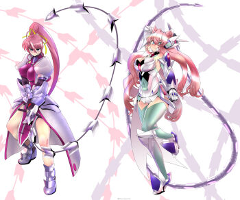 Rule 34 | 2girls, arm guards, armored boots, bare shoulders, blue eyes, bodysuit, boots, braid, breasts, closed mouth, commentary request, covered navel, cropped jacket, crown braid, detached sleeves, elbow gloves, fingerless gloves, floating hair, full body, gloves, green thighhighs, hair between eyes, hair ornament, hair ribbon, hair wings, high ponytail, highres, hinoki (neko irazu), holding, holding sword, holding weapon, laevatein (nanoha), large breasts, long hair, lyrical nanoha, mahou shoujo lyrical nanoha, maria cadenzavna eve, multiple girls, pink hair, ponytail, ribbon, senki zesshou symphogear, short sleeves, sidelocks, signum, simple background, sword, tassets, thighhighs, weapon, whip sword, yellow ribbon