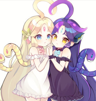 2girls amagumo26 aqua_flower black_dress blonde_hair blue_eyes dress flat_chest flower forehead_jewel from_side hashtag-only_commentary heart_ahoge_duo highres holding_hands long_hair looking_at_viewer monster_girl multiple_girls open_mouth original pink_flower purple_hair simple_background snake_hair strapless strapless_dress very_long_hair white_background white_dress yellow_eyes