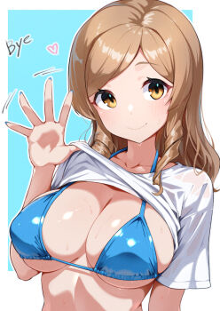 1girl bikini blue_bikini blush breasts brown_eyes brown_hair cleavage closed_mouth clothes_lift commentary_request cropped_shirt english_text eyebrows_hidden_by_hair large_breasts lifting_own_clothes looking_at_viewer medium_hair motion_lines nail_polish onaka_itai school_girl_strikers shinonome_ryouko_(school_girl_strikers) shirt shirt_lift smile solo sweat swimsuit upper_body waving white_shirt