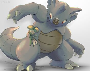 apus_92 claws closed_eyes closed_mouth commentary_request dolliv fangs gen_1_pokemon grey_background hug looking_down nintendo no_humans pokemon pokemon_(creature) pokemon_focus red_eyes rhydon standing