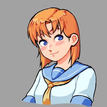 1girl blue_eyes blue_sailor_collar blush closed_mouth cropped_torso grey_background head_tilt highres higurashi_no_naku_koro_ni looking_to_the_side neckerchief orange_hair portrait ryuuguu_rena sachadow_(sacha) sailor_collar school_uniform serafuku shirt short_hair short_sleeves simple_background smile solo white_shirt yellow_neckerchief