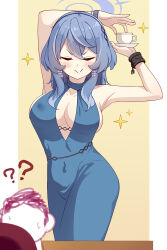 Rule 34 | 1boy, 1girl, :&gt;, ?, ??, ako (blue archive), ako (dress) (blue archive), blue archive, blue dress, blue eyes, blue hair, blue halo, blush, breasts, cleavage, closed eyes, closed mouth, covered navel, cup, doodle sensei (blue archive), dress, halo, highres, large breasts, medium hair, neps-l, official alternate costume, sensei (blue archive), sideless dress, sideless outfit, sleeveless, sleeveless dress, smile, two-tone background, yellow background