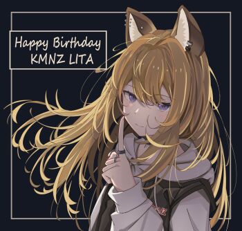 1girl absurdres animal_ear_piercing animal_ears black_background black_jacket blonde_hair character_name closed_mouth dog_ears dog_girl double-parted_bangs grey_hoodie hair_between_eyes hand_up happy_birthday hashtag-only_commentary highres hood hood_down hoodie index_finger_raised inset_border jacket jewelry kmnz lita_(kmnz) long_hair long_sleeves looking_at_viewer multiple_rings no_name_ver1 purple_eyes ring smile solo upper_body virtual_youtuber