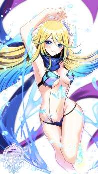 1girl aqua_hair armpits arms_up bare_legs bikini blonde_hair blue_eyes breasts breasts_apart floating_scarf gradient_hair highres lilia_(mahou_tsukai_to_kuroneko_no_wiz) liquid long_hair mahou_tsukai_to_kuroneko_no_wiz medium_breasts multicolored_hair navel purple_scarf scarf simple_background smile solo splatter standing standing_on_one_leg streaked_hair string_bikini swimsuit tiprip_kk white_background