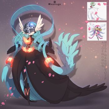 1girl alternate_color angewomon armor black_dress blonde_hair breastplate covered_eyes digimoji digimon digimon_(creature) dress fakemon full_body fusion gardevoir gen_3_pokemon helmet helmet_over_eyes highres leoiruga long_hair mega_gardevoir mega_pokemon nintendo official_art_inset oridigi pokemon pokemon_(creature) shiny_pokemon solo winged_helmet
