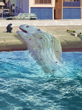 1boy animal animal_focus beached commentary_request day fish highres monster moray_eel ocean original outdoors toy(e) water wide_shot