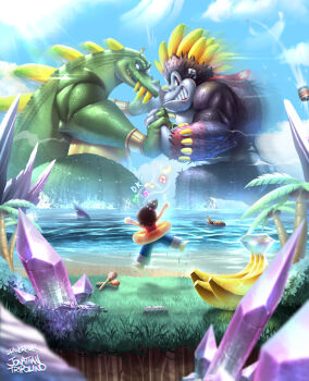 1girl 2boys artist_name asten-94 banana barefoot barrel blue_sky brown_hair colored_skin crown donkey_kong donkey_kong_(series) donkey_kong_bananza dorsal_fin food fruit green_skin grey_skin highres instrument kaiju king_k._rool kong_bananza maracas multiple_boys musical_note necktie nintendo ocean palm_tree pauline_(mario) pauline_(young)_(mario) red_necktie sea_turtle sky swim_ring tree turtle