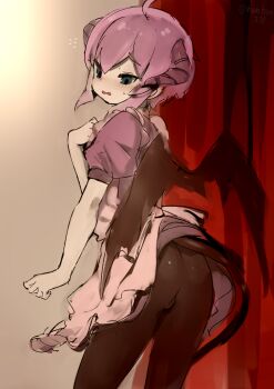 1boy arm_at_side ass black_pants blue_eyes blush bow commentary_request crossdressing crossdressing_(mtf) demon_horns demon_tail demon_wings hair_between_eyes hand_on_own_chest highres horns luka_(mon-musu_quest!) luka_(succubus_disguise)_(mon-musu_quest!) maid mon-musu_quest! nervous nose open_mouth pants purple_bow purple_hair purple_horns shirokujira short_hair smile sweat tail wings
