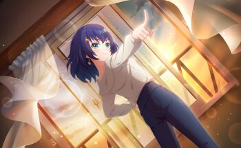 1girl blue_eyes blue_hair commentary_request curtains denim from_behind game_cg hair_ornament highres hood hood_down hoodie index_finger_raised indoors looking_at_viewer looking_back official_art pants pointing shizuka_(world_dai_star) smile solo sparkle standing third-party_source window world_dai_star