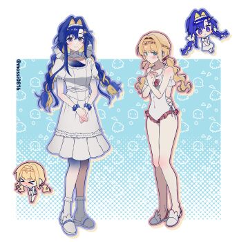 &gt;_&lt; :/ absurdres alternate_costume bare_arms bare_legs blonde_hair blue_background blue_eyes blue_hair blue_scrunchie blush braid braided_bangs chibi chibi_inset closed_mouth clothing_cutout colored_inner_hair dress embarrassed frilled_one-piece_swimsuit frills full_body hair_ornament highres kiperina long_hair looking_at_viewer low_twin_braids low_twintails mossi_(mossi0816) multicolored_hair one-piece_swimsuit own_hands_together puffy_short_sleeves puffy_sleeves reverse:1999 scrunchie short_dress short_sleeves side_cutout slippers smile socks standing star_(symbol) star_hair_ornament swimsuit twin_braids twintails voyager_(reverse:1999) white_dress white_one-piece_swimsuit white_slippers white_socks wrist_scrunchie