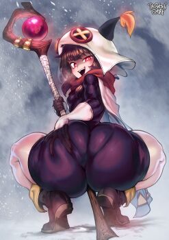 1girl ass boots breasts brown_hair come_hither deep_skin grabbing_own_ass hat holding holding_staff holding_sword holding_weapon huge_ass kono_subarashii_sekai_ni_shukufuku_wo! long_hair looking_back megumin naughty_face open_mouth presenting_own_ass presenting_own_body red_eyes small_breasts smile solo squatting staff staff_(weapon) sword the_golden_smurf weapon wizard wizard_hat