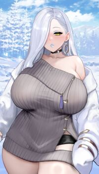 1girl absurdres bare_shoulders black_shorts blue_lips blue_sky blush breasts choker collarbone commentary dress earrings eyeliner fate/grand_order fate_(series) forest grey_dress hair_over_one_eye highres hoop_earrings huge_breasts jacket jewelry long_hair long_sleeves looking_at_viewer makeup micro_shorts mrs._snake_(fate) nature off_shoulder parted_lips raskasar revision shorts side_slit sky snow solo sweater sweater_dress tassel thick_thighs thighs white_hair white_jacket yellow_eyes