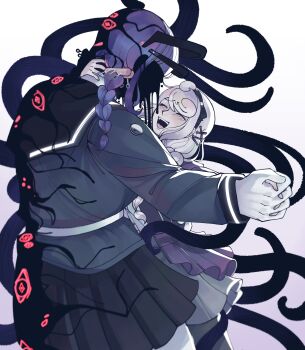 2girls :d ^_^ absurdres black_hairband black_jacket black_leggings black_sailor_collar black_serafuku black_skirt body_horror braid breasts closed_eyes commentary doppelganger english_commentary extra_eyes faceless facing_another gloves grey_hair grey_skirt hairband headgear highres holding_hands jacket kirifuji_nozomi last_defense_academy_school_uniform leggings long_hair medium_breasts mojiro_moko multiple_girls novemblem open_mouth purple_hair sailor_collar school_uniform serafuku shirt simple_background skirt smile spoilers teeth tentacles the_hundred_line_-last_defense_academy- upper_teeth_only waltz_(dance) white_background white_gloves white_shirt zen&#039;ta