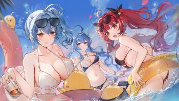 3girls absurdres arched_back ass azur_lane baby_animal bare_shoulders bikini bird black-framed_eyewear black_bikini black_ribbon blue_hair blue_sky blurry blurry_foreground bracelet breast_rest breasts breasts_on_head chick collarbone cup day eyewear_on_head floating_hair from_behind hair_ornament hair_ribbon helena_(azur_lane) helena_(shimmering_triangle_wave)_(azur_lane) highres holding holding_cup honolulu_(azur_lane) honolulu_(summer_accident?!)_(azur_lane) innertube jewelry kita_(kitairoha) large_breasts leaning_forward licking_lips long_hair looking_at_viewer looking_back manjuu_(azur_lane) multiple_girls navel official_alternate_costume official_art open_mouth outdoors petals purple_eyes red_eyes red_hair ribbon side_ponytail sky st._louis_(an_afternoon_on_the_lido_deck)_(azur_lane) st._louis_(azur_lane) star_(symbol) star_hair_ornament sunglasses swim_ring swimsuit teeth tongue tongue_out twintails underboob upper_teeth_only water white_bikini