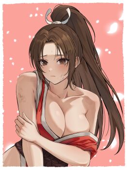 1girl absurdres armpit_crease blush breasts brown_hair collarbone commentary_request daiko_(dai1974910) dirty dirty_face fatal_fury high_ponytail highres holding_own_leg japanese_clothes kimono large_breasts long_hair looking_at_viewer motoyui ponytail red_kimono revealing_clothes shiranui_mai solo very_long_hair