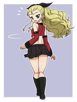 1girl adapted_costume assam_(girls_und_panzer) black_boots black_bow black_skirt blonde_hair blue_background boots bow breasts commentary_request crop_top detached_sleeves from_behind girls_und_panzer hair_bow jacket long_hair open_mouth purple_eyes red_jacket skirt sleeveless sleeveless_jacket smile st._gloriana&#039;s_military_uniform takahashi_kurage