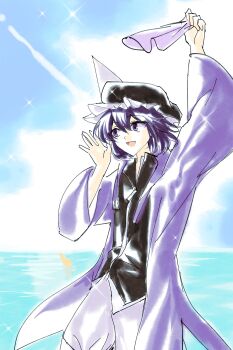 1other absurdres androgynous black_hat black_shirt blue_sky buttons chinese_commentary cloud coattails collared_shirt commentary commentary_request cowboy_shot day detached_hood english_commentary frilled_headwear hair_between_eyes hand_on_own_cheek hand_on_own_face handkerchief happy hat high_collar highres holding holding_handkerchief hood hood_down hooded_jacket jacket len&#039;en light_particles long_sleeves looking_ahead mixed-language_commentary mob_cap ocean open_clothes open_jacket open_mouth other_focus outdoors puffy_shorts purple_eyes purple_hair purple_jacket shirt shitodo_kuroji short_hair shorts shouting sky smile solo standing sun triangular_headpiece white_shorts wide_sleeves wind yancao_(pixiv_103434280) zipper