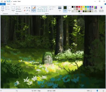 art_program_in_frame branch bush christian_young cross dappled_sunlight flower forest grave landscape microsoft_paint_(medium) microsoft_paint_(software) moss nature no_humans original outdoors painterly pink_flower scenery sunlight tombstone white_flower