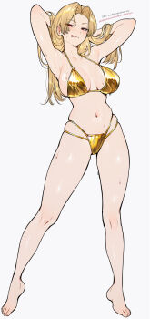 Rule 34 | 1girl, :q, absurdres, armpits, arms behind head, bad link, bikini, blonde hair, breasts, cleavage, closed mouth, full body, gold bikini, highres, jujutsu kaisen, large breasts, licking lips, long hair, looking at viewer, navel, paid reward available, qiandaiyiyu, red eyes, shiny swimsuit, simple background, solo, sweat, swimsuit, thighs, tongue, tongue out, tsukumo yuki (jujutsu kaisen), white background