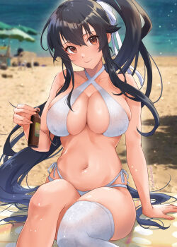 1girl beach bikini black_hair breasts brown_eyes cleavage covered_erect_nipples hair_between_eyes hair_ribbon highres kantai_collection large_breasts long_hair looking_at_viewer navel outdoors ponytail ribbon shiomugi_(shio_mugi1107) single_thighhigh sitting smile solo swimsuit thighhighs twitter_username very_long_hair white_bikini white_ribbon yahagi_(kancolle)