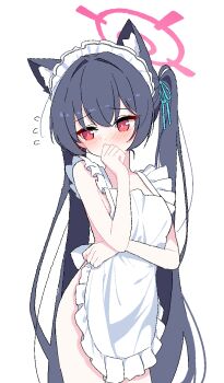 1girl apron bare_arms bare_shoulders black_hair blue_archive blue_ribbon blush breasts collarbone commentary covered_mouth flying_sweatdrops frilled_apron frills hair_between_eyes hair_intakes hair_ribbon halo highres lmg7811 long_hair maid_apron maid_headdress naked_apron nose_blush red_eyes ribbon serika_(blue_archive) simple_background small_breasts solo twintails very_long_hair white_apron white_background