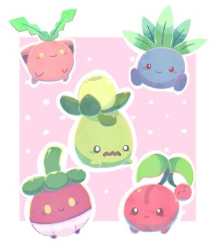 aquabluu blush_stickers border bounsweet cherubi closed_mouth commentary english_commentary gen_1_pokemon gen_2_pokemon gen_4_pokemon gen_7_pokemon highres hoppip leaf looking_at_viewer nintendo no_humans o_o oddish open_mouth outline outside_border pink_background pokemon pokemon_(creature) polka_dot polka_dot_background red_eyes simple_background sitting smile smoliv solid_oval_eyes wavy_mouth white_border white_outline yellow_eyes