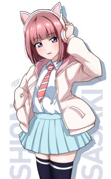 1girl adjusting_headphones animal_ear_headphones animal_ears black_thighhighs blue_skirt blunt_bangs blunt_ends blush bob_cut brown_hair cat_ear_headphones cat_ears character_name closed_mouth collared_shirt commentary_request cowboy_shot diagonal-striped_clothes diagonal-striped_necktie dress_shirt drop_shadow fake_animal_ears hand_in_pocket headphones highres hood hooded_jacket ikizulive!_love_live!_bluebird jacket long_sleeves looking_at_viewer love_live! miniskirt necktie noochan_chonoda open_clothes open_jacket orange_necktie pleated_skirt purple_eyes revision sasaki_shion school_uniform shirt short_hair signature simple_background skirt smile solo standing striped_clothes thighhighs white_background white_jacket white_shirt zettai_ryouiki