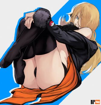 1girl artist_logo artist_name ass bare_shoulders barefoot black_jacket black_panties black_pantyhose blonde_hair blue_background blue_eyes blue_outline cynthia_(pokemon) full_body hair_between_eyes hair_over_one_eye hands_on_own_knees highres hood hood_down hooded_jacket jacket knees_up kobi420 logo long_hair long_sleeves looking_at_viewer lying nintendo on_back outline own_hands_together panties pantyhose parted_lips poke_ball pokemon pokemon_dppt revision smile solo two-tone_background underwear white_background white_outline