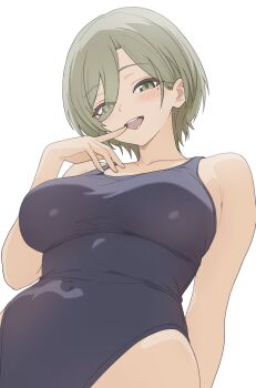 1girl bare_shoulders blue_one-piece_swimsuit blush breasts collarbone covered_navel eyes_visible_through_hair finger_to_mouth from_below girls_band_cry green_eyes green_hair hair_over_one_eye highleg highleg_one-piece_swimsuit highres large_breasts long_hair looking_at_viewer mole mole_under_eye n_nai_nai_n one-piece_swimsuit open_mouth rupa_(girls_band_cry) short_hair simple_background smile solo swimsuit teeth upper_teeth_only white_background