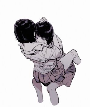 2girls amakura_mayu amakura_mio arm_around_neck bandaged_leg bandages between_breasts blush bob_cut breasts chinese_commentary commentary_request covered_mouth cropped_legs face_between_breasts facing_away fatal_frame fatal_frame_ii:_crimson_butterfly feet_out_of_frame girl_on_top grey_background hand_on_another's_head hands_up head_between_breasts hug incest invisible_chair looking_at_another medium_breasts miniskirt monochrome multiple_girls mutual_hug necktie official_alternate_costume open_clothes open_shirt pleated_skirt school_uniform short_hair short_sleeves siblings simple_background sisters sitting sitting_on_lap sitting_on_person skirt twincest twins twitter_username undone_necktie watermark xunyu_(manyu) yuri