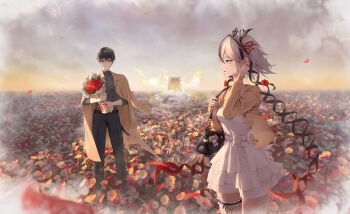 1boy 1girl absurdres alternate_costume bad_id bad_pixiv_id bag black_bag black_hair black_pants blue_eyes bouquet breasts brown_coat camellya_(wuthering_waves) character_charm charm_(object) closed_mouth coat coat_on_shoulders commentary_request dog_tags dress field fingernails flower flower_field grey_shirt hair_vines highres holding holding_bouquet looking_at_another male_rover_(wuthering_waves) medium_breasts nail_polish outdoors pants parted_lips red_nails rover_(wuthering_waves) shirt short_hair shoulder_bag smile standing toroe02 white_dress white_hair wuthering_waves yellow_eyes