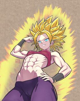 1girl abs absurdres blonde_hair breasts cameltoe caulifla commentary dragon_ball dragon_ball_super elementary_(lolipope) highres muscular muscular_female small_breasts smile solo spiked_hair super_saiyan