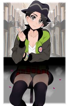 1boy black_hair black_hat black_thighhighs bracelet closed_mouth collarbone commentary_request crossdressing crossdressing_(mtf) green_jacket hat head_tilt heart highres jacket jewelry long_hair long_sleeves male_focus nintendo open_clothes open_jacket panties paxton_(pokemon) pokemon pokemon_legends:_z-a sana_(37pisana) shirt skirt smile solo sweat thighhighs underwear white_shirt