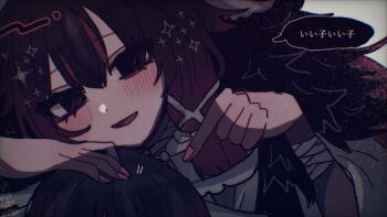 1girl black_eyes blush close-up columbina_(genshin_impact) commentary_request diamond_(shape) empty_eyes fatui_coat fur_trim genshin_impact gradient_hair hair_ribbon highres kyukyu_tata long_hair multicolored_hair open_mouth pink_hair pink_nails ribbon smile sparkle speech_bubble white_ribbon