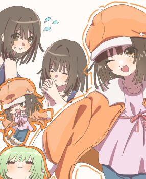 ;d absurdres blue_one-piece_swimsuit brown_eyes brown_hair commentary gagagadaiouda green_hair hat highres interlocked_fingers jacket monogatari_(series) multiple_expressions newsboy_cap one-piece_swimsuit one_eye_closed open_mouth orange_hat orange_jacket pink_shirt praying sengoku_nadeko shirt simple_background smile swimsuit white_background