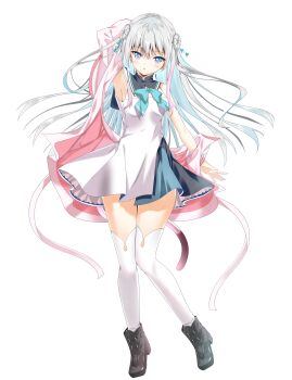 1girl absurdres anemoi arm_behind_head armpits black_boots blue_bow blue_bowtie blue_eyes blue_hair blush boots bow bowtie colored_inner_hair commentary_request double_bun dress floating_hair full_body green_hair grey_hair hair_between_eyes hair_bun highres jacket jacket_partially_removed knees_together_feet_apart long_hair looking_at_viewer multicolored_eyes multicolored_hair open_clothes open_jacket outline parted_lips petticoat pink_eyes pink_hair pink_jacket short_dress simple_background sleeveless sleeveless_dress solo sparkle standing sukonbu385 thighhighs thighs tsujikura_spica two-tone_eyes two_side_up very_long_hair white_background white_dress white_outline white_thighhighs zettai_ryouiki