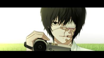 1boy absurdres bandaid bandaid_on_cheek bandaid_on_face bandaid_on_nose black_border black_hair blood border bruise bruise_on_face camera closed_mouth collared_shirt eyepatch gin_(euneunun) highres holding holding_camera injury letterboxed light_smile looking_at_viewer male_focus medical_eyepatch nosebleed original shirt short_hair solo white_shirt