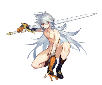 1boy bar_censor boots censored genshin_impact grey_hair holding holding_sword holding_weapon hudr5735 long_hair male_focus razor_(genshin_impact) red_eyes solo sword weapon white_background