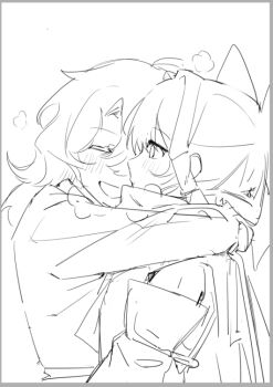 2girls babaiwan_fengchui blush bow breath closed_eyes commentary detached_sleeves english_commentary greyscale hair_bow hair_tubes hakurei_reimu hug kirisame_marisa long_hair mixed-language_commentary monochrome multiple_girls no_headwear open_mouth sketch smile touhou yuri