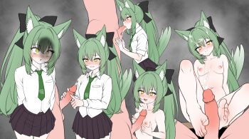 1boy 1girl absurdres animal_ear_fluff animal_ears barefoot black_skirt breasts closed_mouth collared_shirt commentary_request commission completely_nude cum cum_on_hair ejaculation erection feet fellatio footjob fox_ears green_hair green_necktie handjob hetero highres kkam-sang korean_commentary long_hair long_sleeves multiple_views naizuri necktie nipples nude oral original paizuri penis ponytail projectile_cum shirt sitting skirt small_breasts smile solo_focus two-footed_footjob uncensored white_shirt yellow_eyes