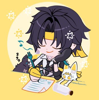 1boy absurdres artist_name asaba_harumasa asaba_harumasa_(cat) black_cat black_gloves black_hair black_necktie bottle cat chibi closed_eyes closed_mouth commentary ear_piercing gloves head_rest headband highres holding holding_pen male_focus musical_note naru9 necktie paper parted_bangs partially_fingerless_gloves pen piercing shirt short_hair sleeves_rolled_up smile star_(symbol) symbol-only_commentary white_cat white_shirt writing yellow_background yellow_gloves yellow_headband zenless_zone_zero zzz