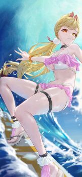 1girl absurdres alice_thymefield animal_ears beach bikini blonde_hair blue_sky blush braid breasts commentary_request day frilled_bikini frills hair_ornament heterochromia highres long_hair looking_at_viewer ocean outdoors pink_bikini rabbit_ears rabbit_girl red_eyes sandals sky smile solo sphere_hair_ornament surfboard surfing swimsuit thigh_strap twintails water waves white_bikini yellow_eyes zenless_zone_zero